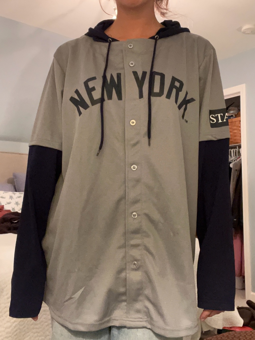 Limited Edition New York Yankees Grey & Navy Button-Up Hoodie Baseball Jersey